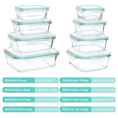 Vtopmart 8 Pack Glass Food Storage Containers , Meal Prep , Airtight Bento Boxes with Leak Proof Locking Lids, for Microwave, Oven, Freezer and Dishwasher, BPA Free