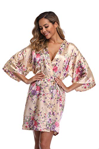 iFigure Women Floral Kimono Robe Satin Bridal Dressing Gown Bride Bridesmaid Robes Sleepwear, Champagne gold, S