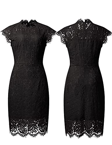 MEROKEETY Women's Sleeveless Lace Floral Elegant Cocktail Dress Crew Neck Knee Length for Party A-Black