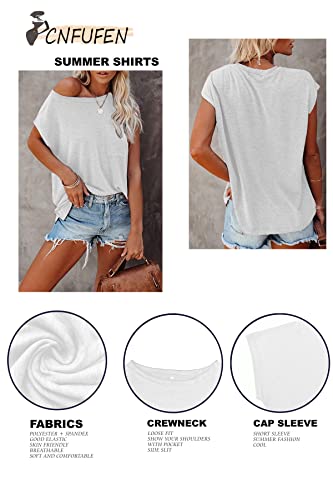 CNFUFEN Womens Tops Short Sleeve Casual Clothes Solid Color Shirts for Women 2023 Ladies Tops Short Sleeve with Pockets Summer Teacher Shirts White M