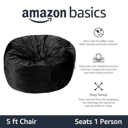 Amazon Basics Memory Foam Filled Bean Bag Chair with Microfiber Cover, 5 ft, Black, Solid