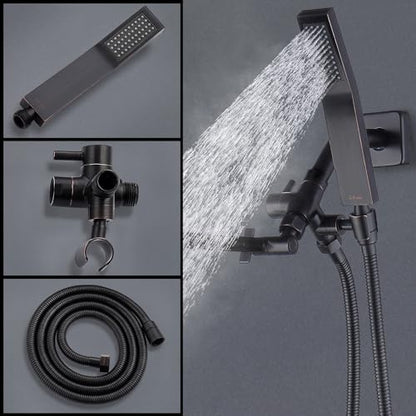 G-Promise All Metal 8" Dual Square Shower Head Combo | Rain Shower Head | Handheld Shower Wand with 71" Fexible Extra Long Hose | Smooth 3-Way Diverter | Adjustable Extension Arm (Oil Rubbed Bronze)