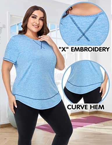 COOTRY Plus Size Workout Tops for Women Short Sleeve Loose fit Shirts Athletic Gym Yoga Clothing Short Blue 2XL