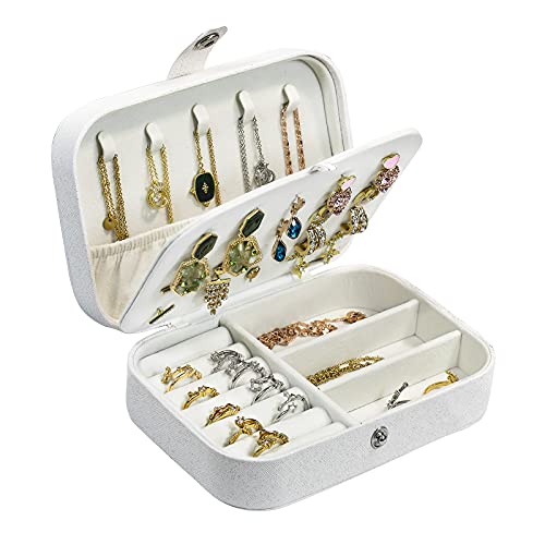 Travel Jewelry Box,PU Leather Small Jewelry Organizer for Women Girls,Portable Mini Travel Case Display Storage Holder Box for Stud Earrings, Rings, Necklaces, Bracelets (Glitter White)