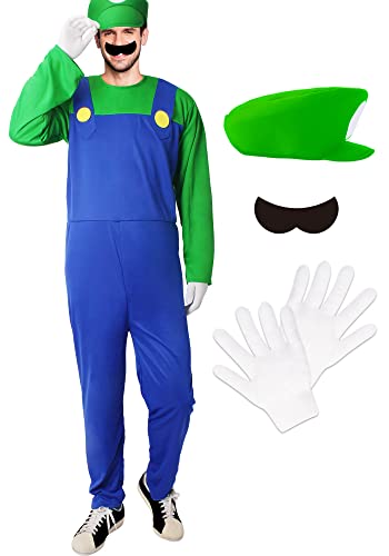 HEYFIZZ Super Brother Mario Costume for Adults-Mario and Luigi Costume for Men Halloween Cosplay Jumpsuit with Accessory (Green, L)