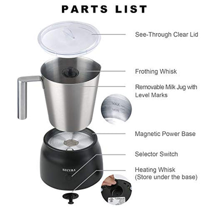 Secura Detachable Milk Frother, 17oz Electric Milk Steamer Stainless Steel, Automatic Hot/Cold Foam and Hot Chocolate Maker with Dishwasher Safe, 120V