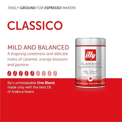 illy Ground Coffee Espresso - 100% Arabica Coffee Ground – Classico Medium Roast - Notes of Caramel, Orange Blossom & Jasmine - Rich Aromatic Profile - Precise Roast - No Preservatives – 8.8 Ounce