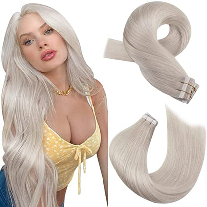 Moresoo Blonde Tape in Human Hair Extensions Seamless Tape in Hair White Blonde Hair Extensions Real Human Hair Extensions Tape in Invisible Hair Extensions Real Hair 10 Inch #60A 20pcs 30g