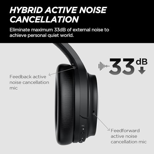 tapaxis Hybrid Active Noise Cancelling Headphones Wireless Bluetooth Headphones Over Ear Wireless Headphones with Deep Bass, Clear Calls, Comfortable Fit, 30H Playtime, Travel Case, Black