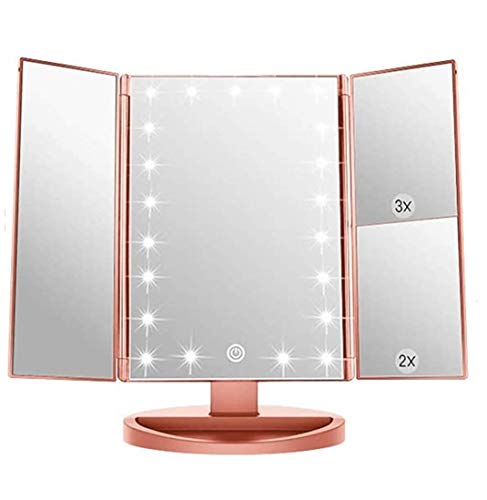 Infitrans 3 Folds Lighted Vanity Makeup Mirror,1X/2X/3X Magnification, 21 LED Bright Table Mirror with Touch Screen,180 Adjustable Rotation,Portable Travel Cosmetic Mirror