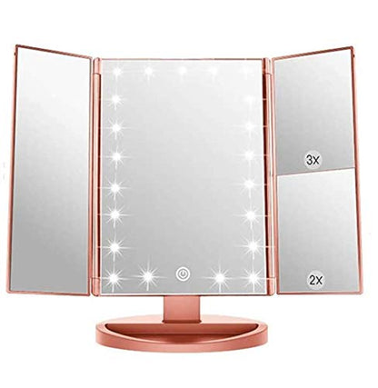 Infitrans 3 Folds Lighted Vanity Makeup Mirror,1X/2X/3X Magnification, 21 LED Bright Table Mirror with Touch Screen,180 Adjustable Rotation,Portable Travel Cosmetic Mirror