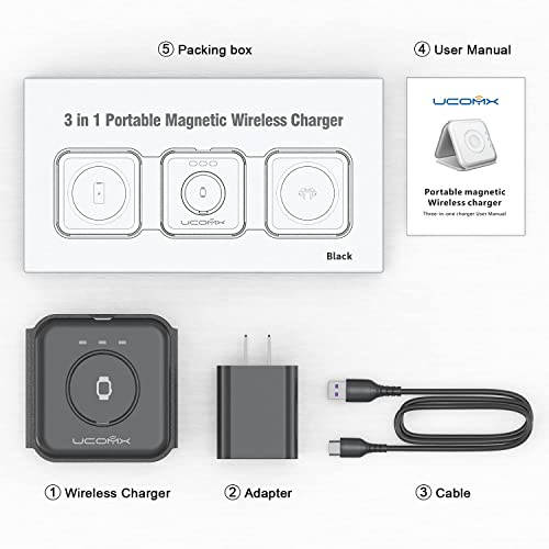 UCOMX Nano 3 in 1 Wireless Charger for iPhone,Magnetic Foldable 3 in 1 Charging Station,Travel Charger for Multple Devices for iPhone 14/13/12 Series,AirPods 3/2/Pro,iWatch(Adapter Included)