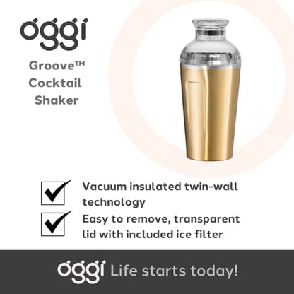 Oggi Groove Insulated Cocktail Shaker-17oz Double Wall Vacuum Insulated Stainless Steel Shaker, Tritan Lid has Built In Strainer, Ideal Cocktail, Martini Shaker, Margarita Shaker, Gold (7404.4)