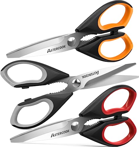 Astercook Kitchen Shears, Kitchen Scissors Heavy Duty Serrated Blade, PP+TPR Handle Shears, Ideal for Poultry, Herbs, Vegetables, Durable and Ergonomic Design (Black Red, Black Orange, Black Grey)