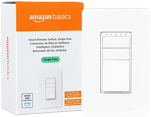 Amazon Basics Single Pole Smart Dimmer Switch, Neutral Wire Required, 2.4 Ghz WiFi, Works with Alexa, White