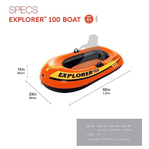 INTEX 58329EP Explorer 100 Inflatable Boat: 1-Person – Dual Air Chambers – Welded Oar Locks – Grab Rope – 120lbs Weight Capacity