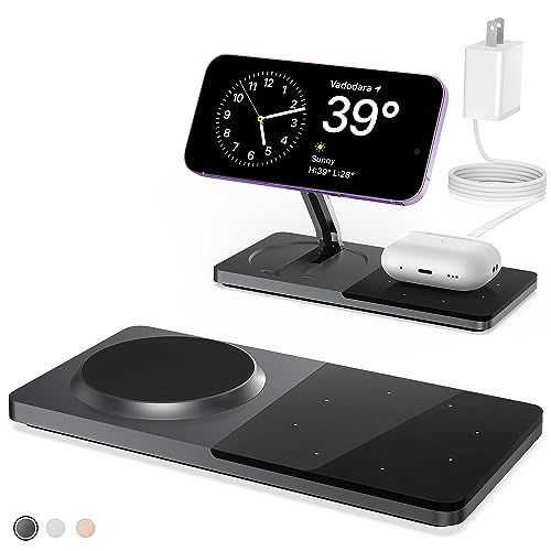 Mag-Safe Charger Stand for iPhone， Wireless Charger Stand for Apple Products， 2 in 1 Magnetic Charging Station for iPhone 14,13,12 Pro/Max/Mini/Plus, Airpods 3/2/Pro with Adapter (Black)