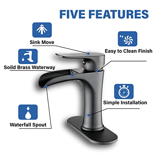 Waterfall Bathroom Faucet Black YUNDOOM Matte Black with Pop Up Drain Single Handle One Hole or Three Holes Vanity Farmhouse RV Vessel Basin Faucet Deck Mount