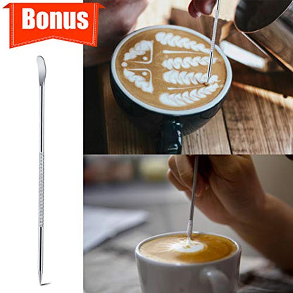 Milk Frothing Pitcher, 12oz Espresso Steaming Pitchers Stainless Steel Milk Coffee Cappuccino Barista Steam Pitchers Milk Jug Cup with Decorating Pen Latte Art, Gold