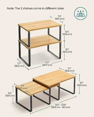 SONGMICS Cabinet Organizer Shelf, Set of 2 Kitchen Counter Shelves, Kitchen Storage, Spice Rack, Stackable, Expandable, Metal and Engineered Wood, Black and Natural KCS02NB