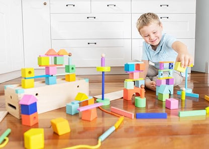 LOVEVERY | The Block Set | Solid Wood Building Blocks and Shapes + Wooden Storage Box, 70 Pieces, 18 Colors, 20+ Activities, Toddler Block Set and Converts into a Pull Car, Ages 18 to 48+ Months