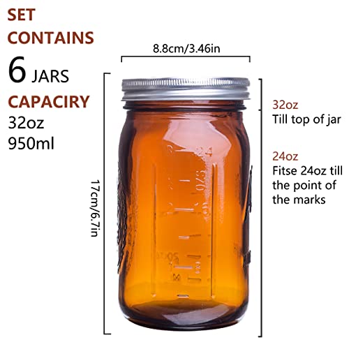 eleganttime Amber Glass Mason Jars 32 oz Wide Mouth with Airtight Lids and Bands 6 Pack Large Glass Canning Mason Jars Quart,Great for Canning Jar Pickle Fermenting Jam Jar