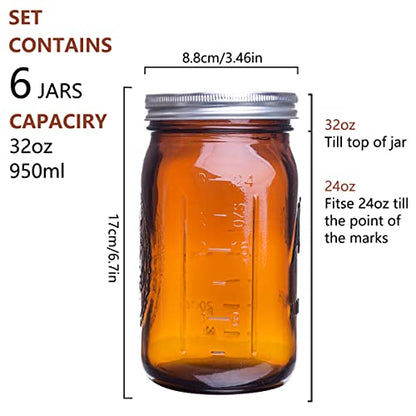 eleganttime Amber Glass Mason Jars 32 oz Wide Mouth with Airtight Lids and Bands 6 Pack Large Glass Canning Mason Jars Quart,Great for Canning Jar Pickle Fermenting Jam Jar