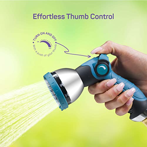 Hose Nozzle [Blue] Heavy Duty Hose Sprayer With 10 Adjustable Watering Patterns - Thumb Control Design, Comfortable Ergonomic Grip, Garden Hose Nozzle for Watering Plants & Lawns. Fun Showers/Cleaning