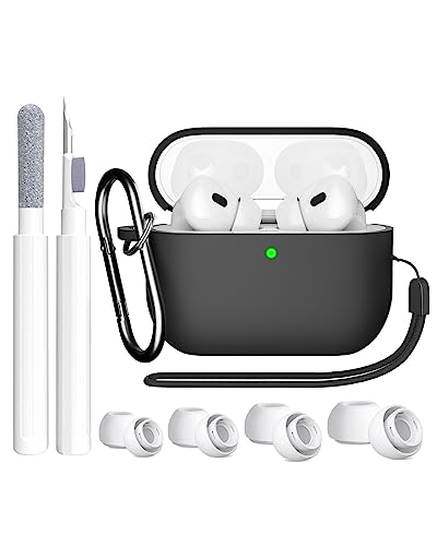 SUPFINE Compatible with Airpods Pro 2nd Generation Case, Airpod Pro Case Cover 2022/2019 with Cleaner kit&Replacement Eartips, Soft Silicone Airpods Pro Case with Keychain and Lanyard (Black)