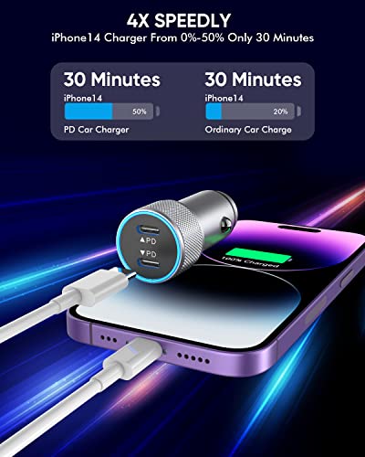 iPhone Fast Car Charger,2Pack Dual Port USB C Car Charger[Apple MFI Certified]Power Delivery Apple Car Adapter with 2Pack Lightning Cable Type C Rapid Car Charging for iPhone 14/13/12/11/Xs/Xr/SE/iPad