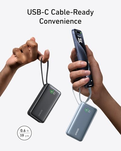 Anker Nano Power Bank, 10,000mAh Portable Charger with Built-in USB-C Cable, PD 30W Max Output with 1 USB-C, 1 USB-A, Compatible for iPhone 15/15 Plus/15 Pro/15 Pro Max, MacBook, Galaxy, iPad