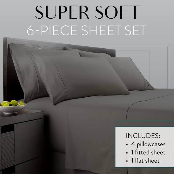 Danjor Linens Queen Sheet Set - 6 Piece Set Including 4 Pillowcases - Deep Pockets - Breathable, Soft Bed Sheets - Wrinkle Free - Machine Washable - Gray Sheets for Queen Size Bed - 6 pc