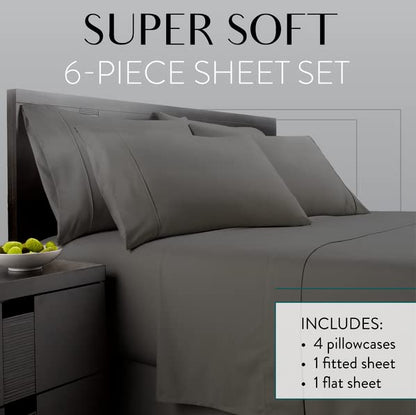 Danjor Linens Queen Sheet Set - 6 Piece Set Including 4 Pillowcases - Deep Pockets - Breathable, Soft Bed Sheets - Wrinkle Free - Machine Washable - Gray Sheets for Queen Size Bed - 6 pc