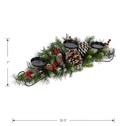 National Tree Company Artificial Christmas Centerpiece | Includes 3 Candle Holders, Red Berries, Pine Cones and Steal Base | Frosted Berry - 30 Inch