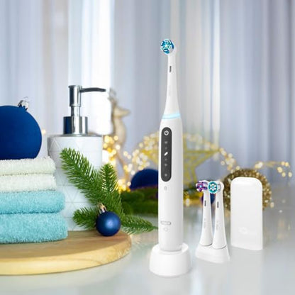 Oral-B iO Series 5 Limited Rechargeable Electric Powered Toothbrush, White with 3 Brush Heads and Travel Case - Visible Pressure Sensor to Protect Gums - 5 Cleaning Modes - 2 Minute Timer