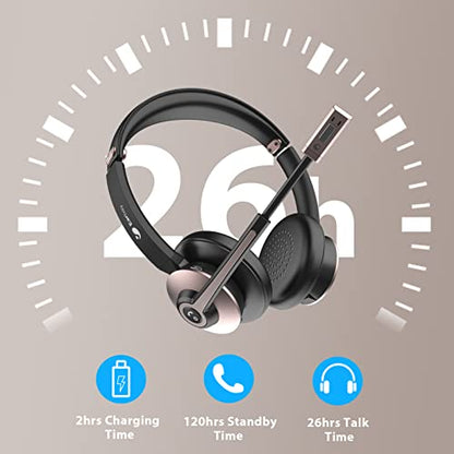 Bluetooth Headset with Microphone, Wireless Headset with Noise Cancelling Mic, On Ear Headphone with USB Dongle & Mute Button, 26hrs Talk time for PC/Office/Zoom/Skype Rose Gold