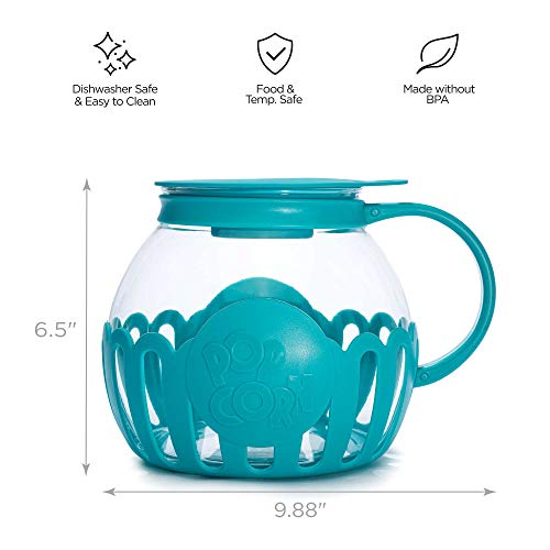 Ecolution Patented Micro-Pop Microwave Popcorn Popper with Temperature Safe Glass, 3-in-1 Lid Measures Kernels and Melts Butter, Made Without BPA, Dishwasher Safe, 3-Quart, Teal