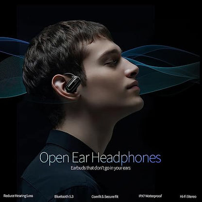 Open Ear Headphones Bluetooth 5.3 Wireless Earbuds for iPhone & Android, Wireless Open Ear Earbuds with Rotatable Earhooks, Deep Bass, IPX7 Waterproof Earphones for Sports, Workouts, Running, Cycling