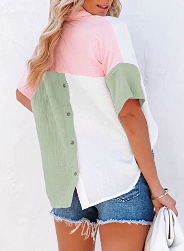 Dokotoo 2023 Summer Womens Ladies V-Neck Turn Down Collared Batwing Short Sleeve Pullover Shirts Comfy Linen Color Block Back Button Down Workout Loose fit Tunic Blouses Green 2XL