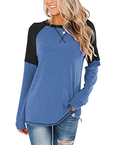 Bingerlily Women's Casual Long Sleeve Tunic Tops Crew Neck Color Block Blouses Blue-black