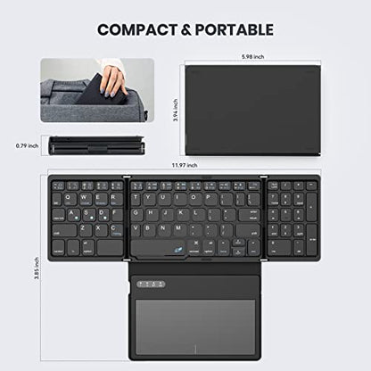 GEODMAER Foldable Bluetooth Keyboard, Portable Full Size Folding Keyboard with Large Touchpad, Numeric Keypad, PU Leather, Wireless Travel Keyboard for Windows iOS Android Mac (Sync up to 3 Devices)
