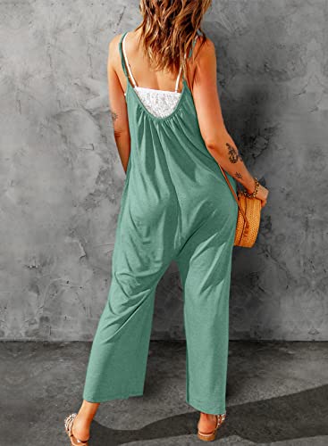 Dokotoo Women's Loose Jumpsuits for Women Adjustable Spaghetti Strap Stretchy Wide Leg Solid One Piece Sleeveless Long Pant Romper Jumpsuit with Pockets Green Small