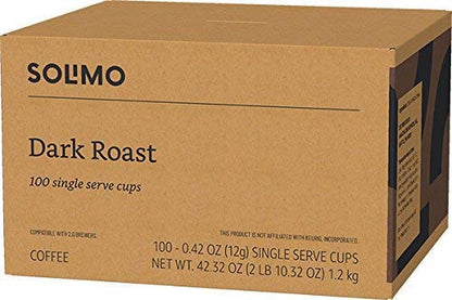 Amazon Brand - Solimo Dark Roast Coffee Pods, Compatible with Keurig 2.0 K-Cup Brewers 100 Count(Pack of 1)