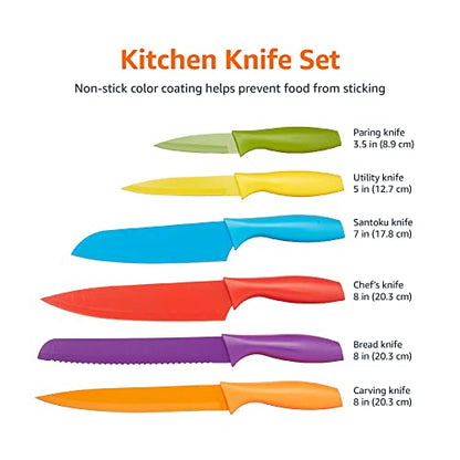 Amazon Basics Color-Coded Kitchen 12-Piece Knife Set, 6 Knives with 6 Blade Guards, Multicolor, 13.88 x 4.13 x 1.38 inch