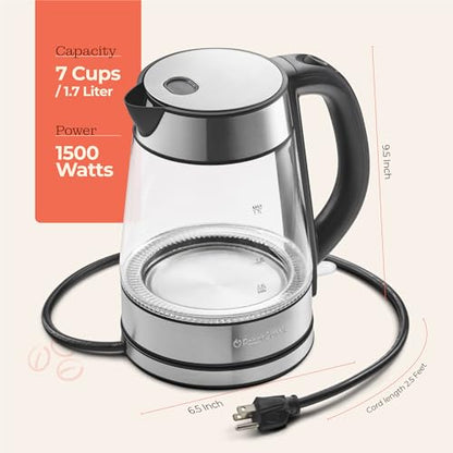 Speed-Boil Electric Kettle For Coffee & Tea - 1.7L Water Boiler 1500W, Borosilicate Glass, Easy Clean Wide Opening, Auto Shut-Off, Cool Touch Handle, LED Light. 360° Rotation, Boil Dry Protection