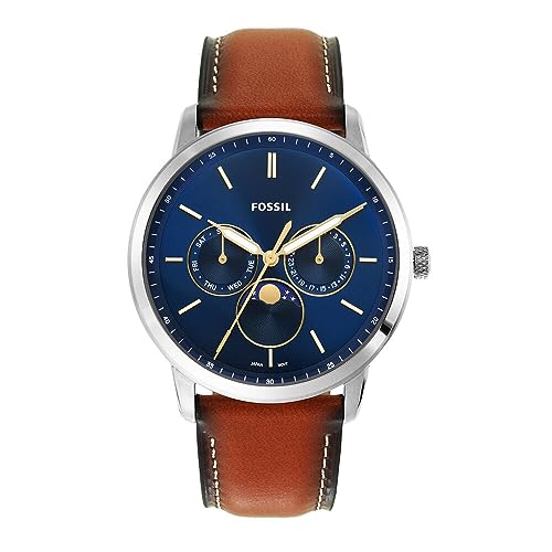 Fossil Men's Neutra Quartz Stainless Steel and Leather Multifunction Moonphase Watch, Color: Silver, Teak (Model: FS5903)