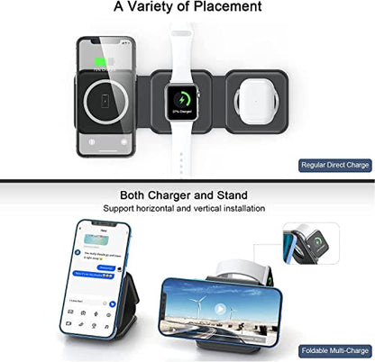 UCOMX Nano 3 in 1 Wireless Charger for iPhone,Magnetic Foldable 3 in 1 Charging Station,Travel Charger for Multple Devices for iPhone 14/13/12 Series,AirPods 3/2/Pro,iWatch(Adapter Included)
