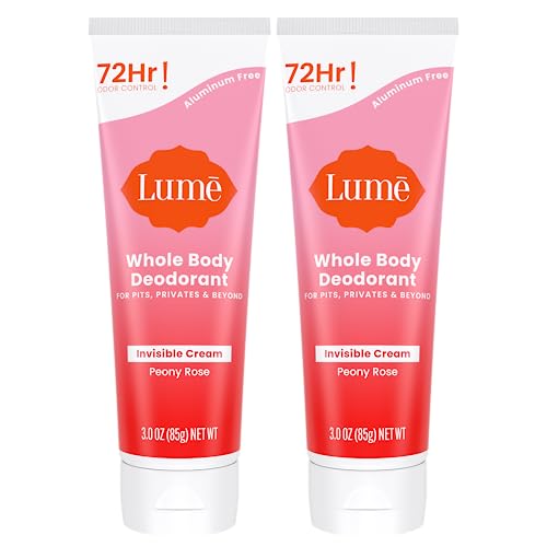 Lume Whole Body Deodorant - Invisible Cream Tube - 72 Hour Odor Control - Aluminum Free, Baking Soda Free, Skin Safe - 3.0 ounce (Pack of 2) (Peony Rose)