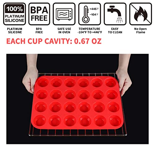 Mini Muffin &Cupcake Set, 24 Cups 2-Pieces, Nonstick Silicone Baking Pan, BPA Free and Dishwasher Safe, Great for Making Muffin Cakes, Tart, Bread (24 Cups Red,2 PCS)