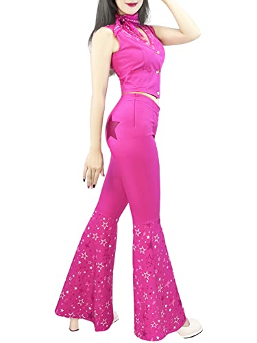 Naywig Cowgirl Outfit 70s 80s Hippie Disco Costume Pink Flare Pant Halloween Cosplay For Women Girls-Medium